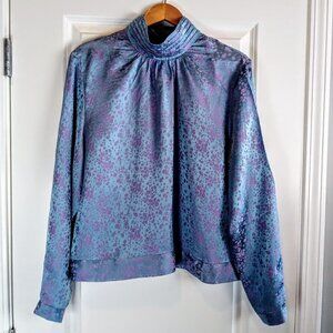 Vintage Barrie Pace Blue Lavender Silk Jacquard Long Sleeve Blouse